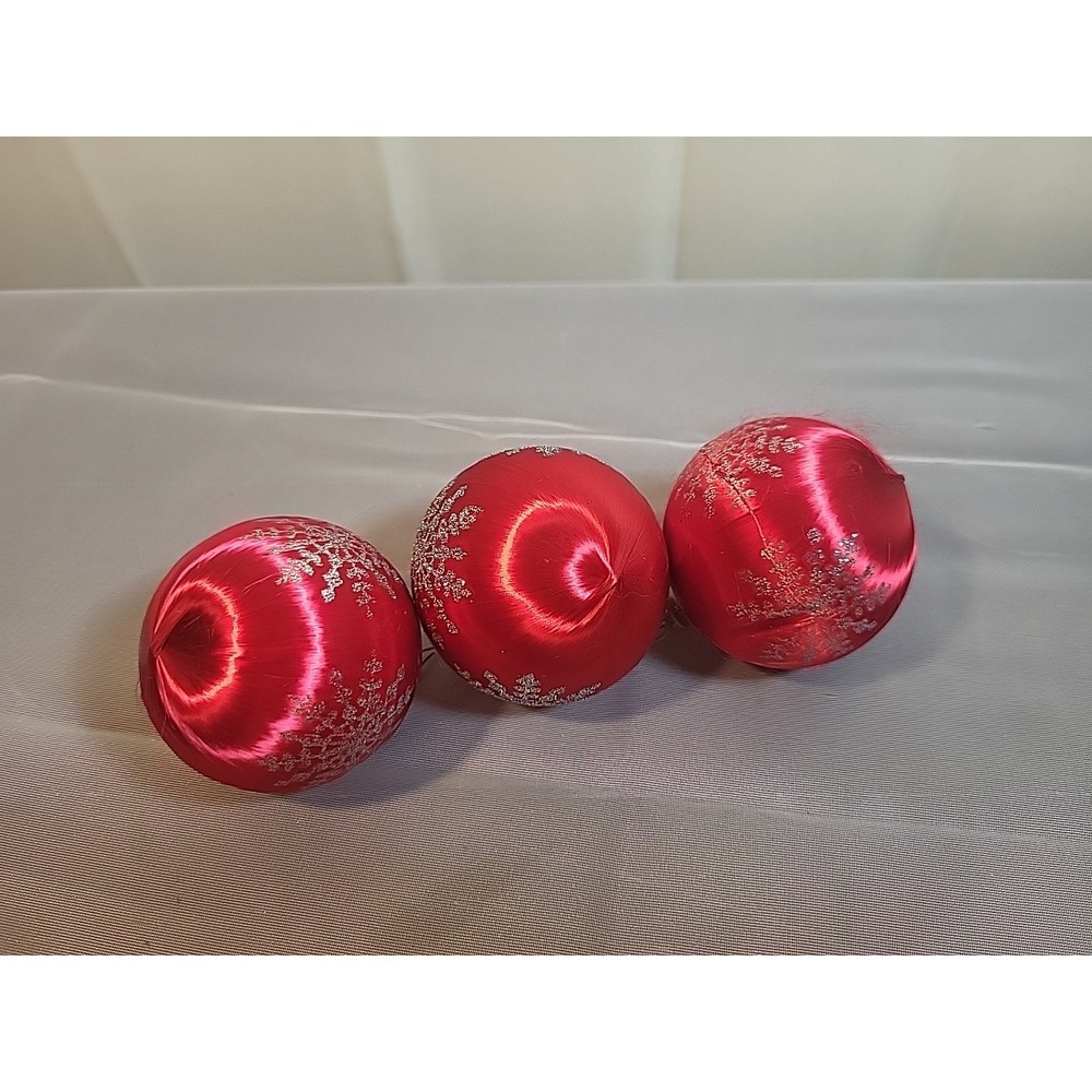 Set of 3 Vintage Red Satin Christmas‎ Ornaments with Silver Glitter